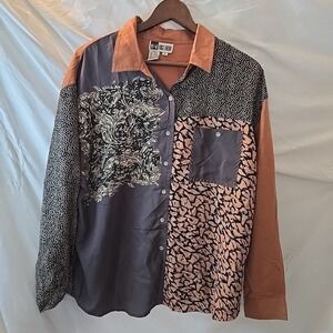 Vtg Together! 80's Mixed Print Patchwork Button-Up Shirt Size XL Boho-chic